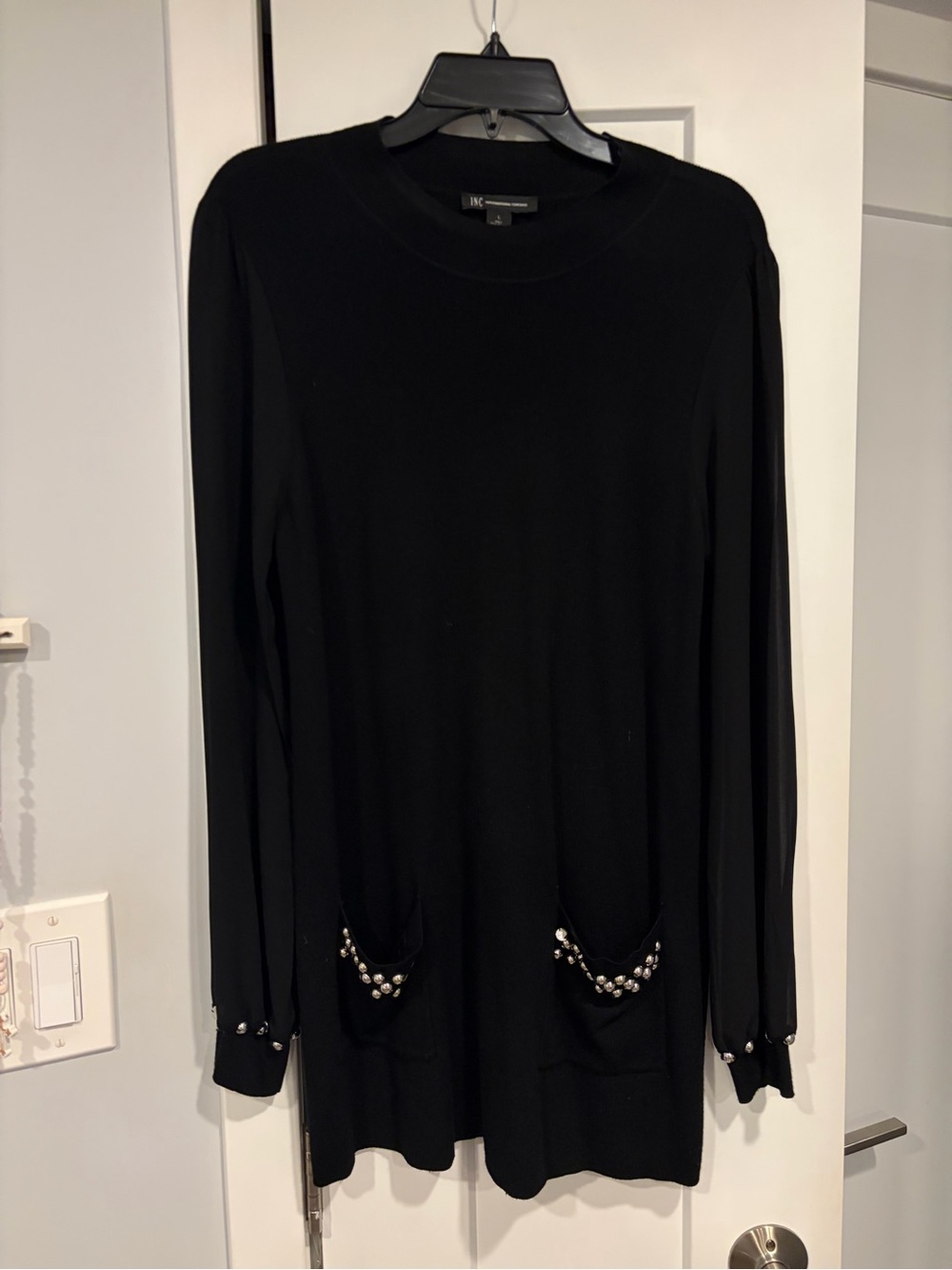 INC International Concepts Black Long Sleeve Tunic with Embellished Pockets